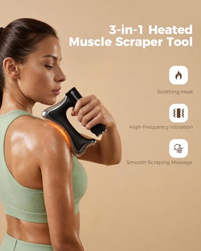 swancode Heated Muscle Scraper, 3 Adjustable Intensity Modes with LED Display, 38-46℃ Warm Therapy & Vibration, Full Body Use Ergonomic Design, Rechargeable Wireless