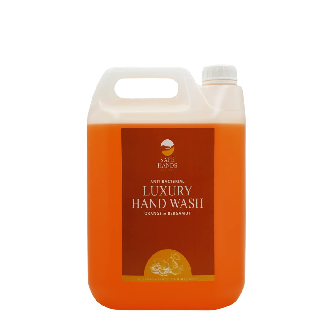 Safe Hands | Luxury Hand Wash | Orange & Bergamot | 5 Litre | Moisturising hand soap liquid | Antibacterial | Anti Bac Hand Soap | Removes 99% of Bacteria | Kind to Skin