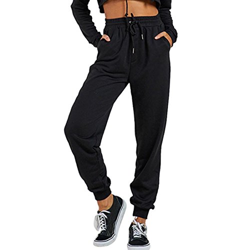 Women Pants,vmree Casual Tie Waist Yoga Jogger Cropped Trousers (S, Black)