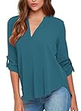 Dokotoo Womens Casual Chiffon Ladies V-Neck Cuffed Sleeve Blouse Shirts Blue,Water Blue,(US16-18)XL