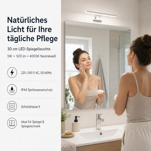 Aogled LED Bathroom Mirror Light 30 cm 5 W 500 LM 230 V Neutral White 4000 K, Stainless Steel Slim Light Bathroom Mirror, Mounting Plate on Mirror/Cabinet/Wall Lighting 300 mm
