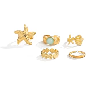 Axepet Gold Summer Toe Rings for Women Boho Starfish Shell Flower Open Toe Rings Beach Flip Flops Adjustable Toe Ring Set Sum
