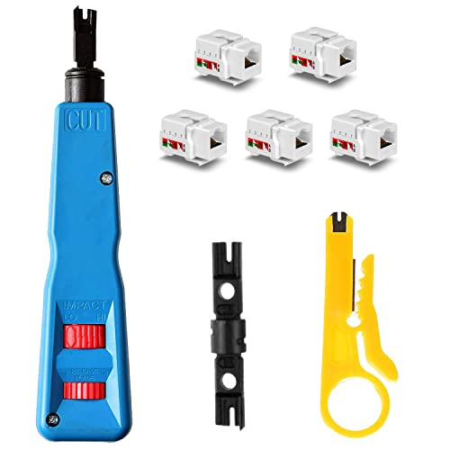 Hiija Punch Down Tool Kit With 110 & BK Blade, 5PCS Cat6 RJ45 Keystone Jack, Network Wire