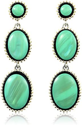 Women's Inlaid Oval Turquoises Alloy Long Dangle Earrings (Green)