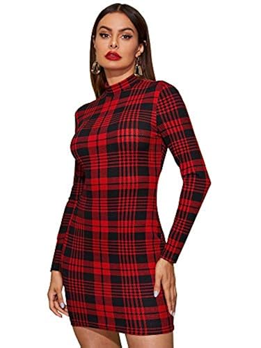 SheIn Women's Casual Long Sleeve Mock Neck Plaid Pencil Mini Party