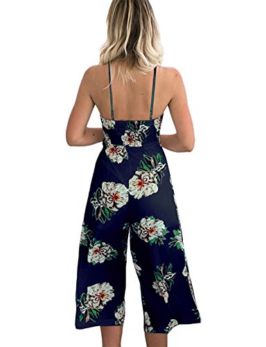 Poptem Women's Spaghetti Strap Jumpsuits Summer Floral Print Wide Leg Long Pants Beach Rompers - Thumbnail 2