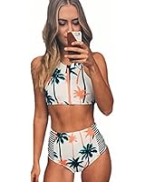 Blooming Jelly Womens Coconut Tree Print High Waist Bikini Set Bathing Suit, Multicoloured, Small, US4=UK8=EU34