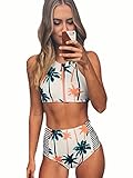Blooming Jelly Women's Coconut Tree Print High Waist Bikini Set Bathing Suit