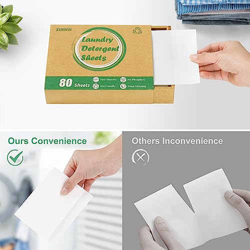 ZIMWIN LAUNDRY DETERGENT SHEETS, 80 LOADS FRAGRANCE FREE LAUNDRY SOAP SHEETS – ECO-FRIENDLY HYPOALLERGENIC LIQUIDLESS WASHING SUPPLIES FOR DORM TRAVEL CAMPING