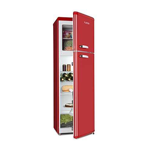 KLARSTEIN Audrey Retro - Frigorifero Combinato, Frigo 194 L, Congelatore 56 L, Freezer 4 Stelle, Classe E, Zona Crisper 0°C, Portabottiglie, Rosso