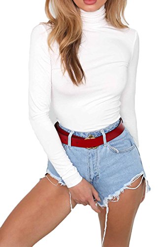 Meyeeka Women's Basic High Neck Bodysuit Slim Fit Long Sleeve Stretchy Leotard White S