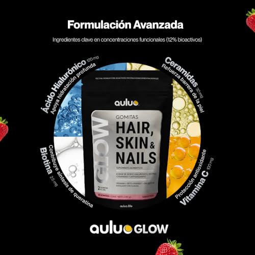 AULUO GLOW | HAIR SKIN & NAILS | Gomitas con Ácido Hialurónico, Biotina, Ceramidas y Antioxidantes para Piel, Cabello y Uñas | Veganas, Sin Azúcar, Endulzado con alulosa | 60 Gomitas de Pectina