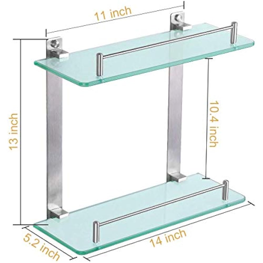 Bathroom Shelves Tempered Glass Shelf Wall Mounted 14 Inch 2 Tier