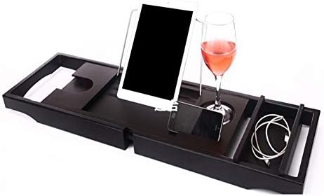 BlueSpace Bamboo Bathtub Tray Caddy Luxury Shower Organizer Trays with Book and Wine Holder Extending Sides Non-Slip, Black