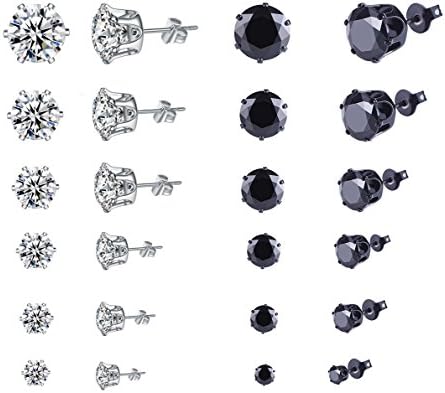 Stainless Steel Stud Earrings, 12 Pairs Round Clear Cubic Zirconia Diamond Stud Earrings Set for Women Girls Men Sensitive Ear Piercing, Black and White Earrings
