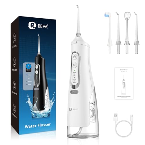 R REVA Cordless Dental Water Flosser for Teeth, Gums & Braces - Electric Oral Irrigator 310ML, 4 Modes, Rechargeable, 4 Jet Tips, Smart Memory, 360° Nozzle, IPX7 Waterproof & Low Noise (M209 - White)