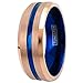 King's Cross Luxurious 6mm/8mm Rose Gold Tungsten Carbide Band Ring with Sapphire Blue Stripe, Matching Inner Band & Beveled Edges.