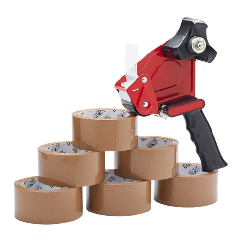 Fit For The Job Klebebandabroller mit 6 Rollen braunem Verpackungsklebeband - Ideal zum Verpacken von zerbrechlichem Klebeband, robuster Klebebandabroller zum Versiegeln und Verpacken 4