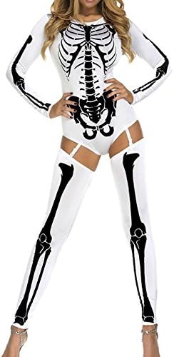 GHTWJJ Women's Halloween Costume Cosplay Role Playing Terrorist Skull Skeleton Jumpsuit Performance Clothing White Polyester Slim Clothes S M L XL XXL,White,XL