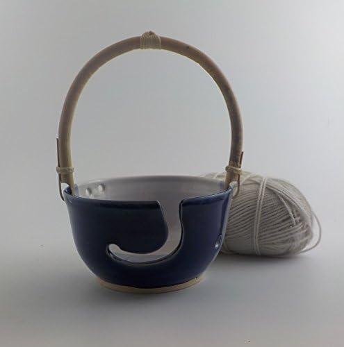 Ceramic Yarn Bowl - Handmade Stoneware -Cane Handle - Knitter Accessory - Crochet Helper - Skein Caddy - Ready to Ship - Royal Blue and White