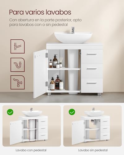 Mueble Bajo Lavabo, Armario de Baño, 3 Cajones, 2 Compartimentos Detrás de la Puerta, Apto para Lavabos con Pedestal, con Pies, 30 x 70 x 64 cm, Blanco Nube BBK504W01