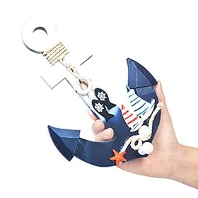 2 Pack 11" Nautical Beach Wooden Ship Wheel and 11" Wooden Anchor with Rope Nautical Boat Steering Wheel Rudder Anchor Wall Art Decor Door Hanging Ornament Beach Theme Home Decoration(White&Blue) 41b245dcnrL