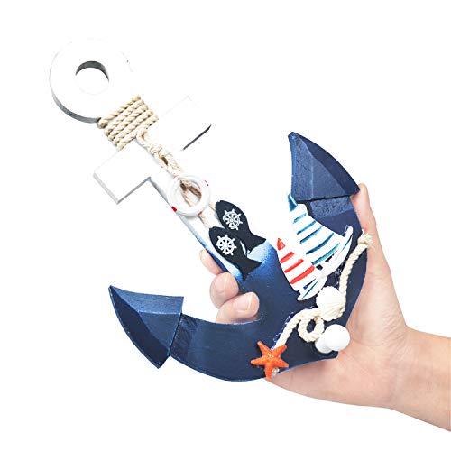 Meching-2-Pack-11-Nautical-Decor-Beach-Wooden-Ship-Wheel-and-Wood-Anchor-with-Rope-Nautical-Boat-Steering-Rudder-Wall-Decor-Door-Hanging-Ornament-Beach-Theme-Home-DecorationBlue Meching 2 Pack 11" Nautical Decor Beach Wooden Ship Wheel and Wood Anchor with Rope Nautical Boat Steering Rudder Wall Decor Door Hanging Ornament Beach Theme Home Decoration(Blue)
