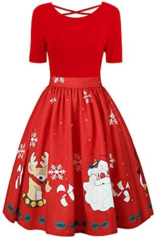 Women Festival Christmas Print Dress,Fashion s Plus Size Criss Cross Gown Evening Party