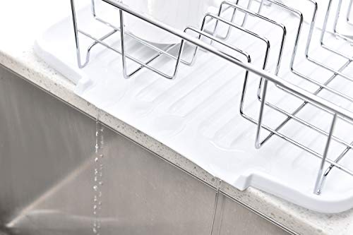 VCCUCINE Modern Kitchen White Chrome Metal Wire Dish Drying Rack, Dish Rack with Drainboard and Cutlery Cup Utensil Organizer Holder