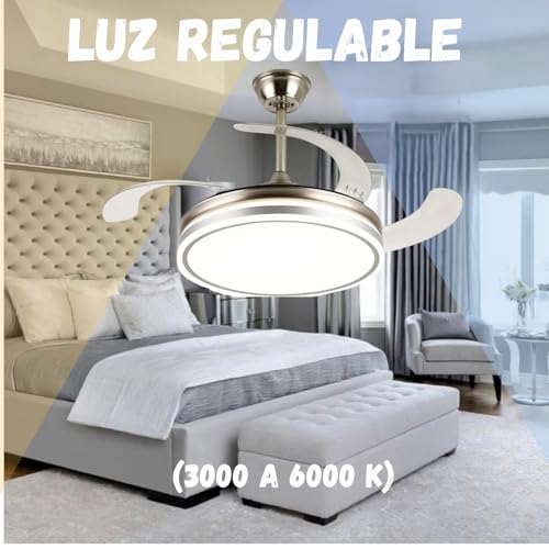 Megaluz F8585-42 Ventilador de techo con luz led y control remoto y APP, 42 pulgadas, luz fría, cálida y neutra, aspas retractiles, Abanico de techo 3 velocidades y motor silencioso (Metal satinado).