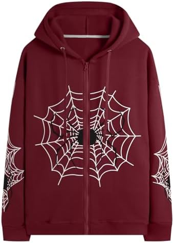 Unisex Spider Web Hoodies Jacket Halloween Zip Up Long Sleeve Y2K
