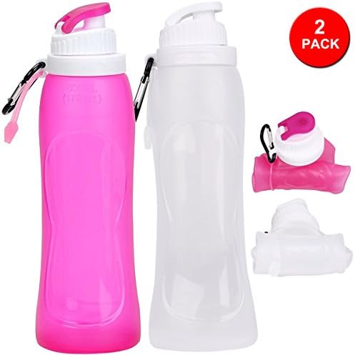 CASAPRO 2Pack Collapsible Water Bottle - 20oz Silicone Sports Water Bottle, Rollable and Foldable Cycling Water bottle With Aluminum Carabiner, BPA Free Liquid Silicone Water Bottle (PINK WHITE)