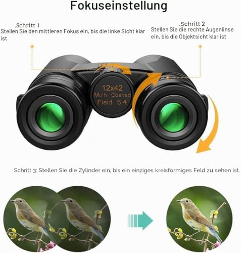 Fernglas 12x42 HD Kompakte Ferngläser wasserdicht für Vogelbeobachtung, Jagd, Wandern, Sightseeing, FMC-Linse Feldstecher inkl. Tragetasche, Tragegurt und Smartphone-Adapter
