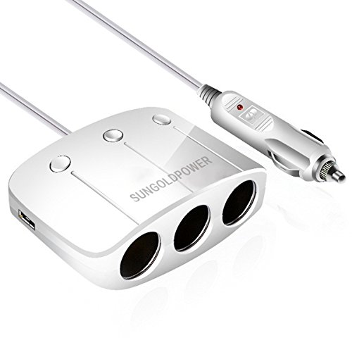 SUNGOLDPOWER 5 Way Car Cigarette Lighter Socket Splitter 12V/24V DC Adapter Car Charger With Dual USB Charging Ports For iPhone,iPad,Android And Other USB Powered Device,Build In Fuse (White)