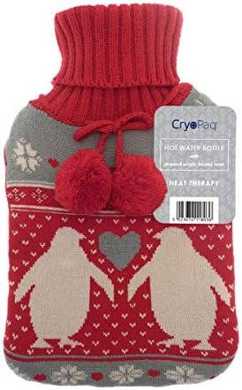 Trendy Jacquard Acrylic Knitted Pom Pom Hot Water Bottle 2L - Red Penguin