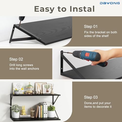 DAYONG Deep Wall Mounted Floating Shelf, 16W x 12D Rustic Wood Floating Shelves with Metal Brackets, Set of 2 Hanging Shelf for Kitchen, Living Room, Bathroom and Bedroom Decor (Black)