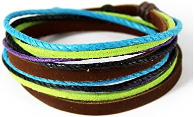 The November Nocturne Multi Strand Blue and Green Rope Button Adjustable Unisex Leather Wrap Bracelet