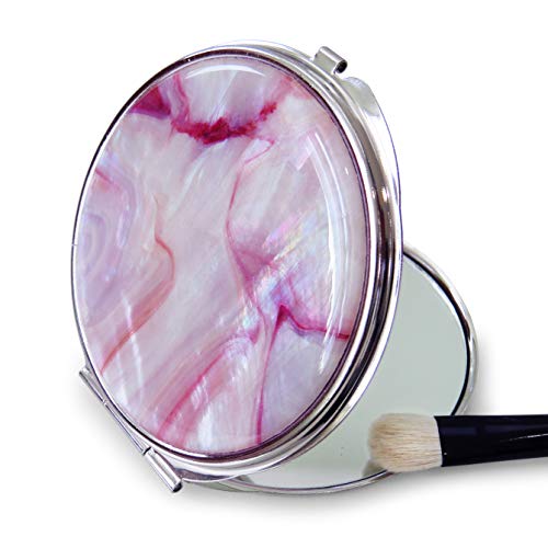 Makeup-Compact-Pocket-Mirror-Mother-of-Pearl-Metal-Round-Double-Sided-Folding-Magnify-Marble-Pink