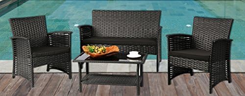 Better Garden Furniture 4 Piece Outdoor Wicker Rattan Patio Four Seater Conversational Set, Black