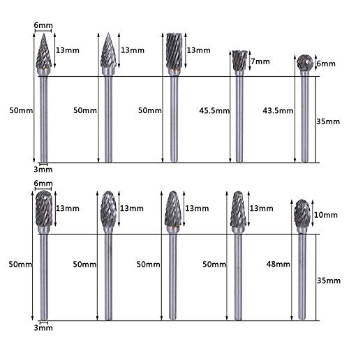 10pcs 1/8" Double Cut Tungsten Carbide Rotary Files Diamond Burrs Set + 1pcs Quick Change Keyless Chuck, Fits Dremel Rotary Tool for Grinder Drill, DIY Wooden Carving, Metal Polishing, Engraving