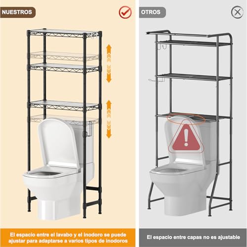 LOKOOY Estantería sobre el Inodoro, Organizador de Baño de 7 Niveles Ajustable, Mueble para Inodoro, Ahorro de Espacio con Ganchos (Negro Moderno)
