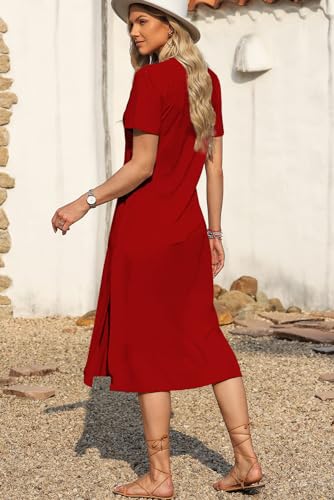 MARZXIN WOMEN 2025 CASUAL MAXI DRESS SHORT SLEEVE V NECK STRIPE SUNDRESS SPLIT LOOSE LONG SUMMER TSHIRT ACTIVEWEAR DRESS REDA M