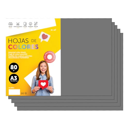 A3 80g Coloured Sheets for Printers and Crafts, Coloured Paper Pad for Kids, Coloured Paper Pack for m-Office Cards (500 Sheets, Grey)