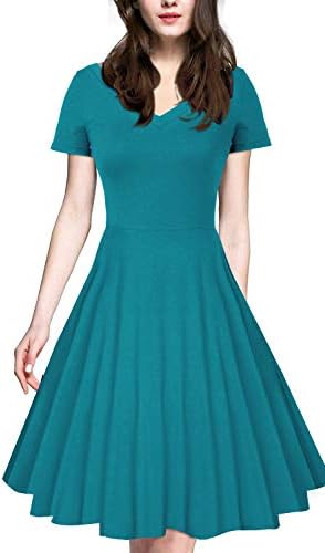 iLover Women 1950s V-Neck Vintage Rockabilly Swing Cocktail Evening Stretchy Casual Work Businees Dress with Pockets