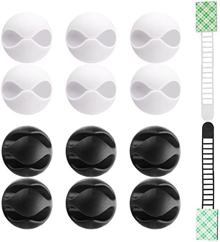 Multipurpose Cable Clips 12 Pcs - Cord Management System for Computer Cables Chargers - Cable Holders Black Double, White Single-Channel, Bonus 2 Adjustable Cable Clips