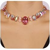 Chargances Charm Blue Full Rhinestone Necklace Sparkle Geometric Crystal Choker Luxurious Statement Short Neck Chunky Chain Collar for Women