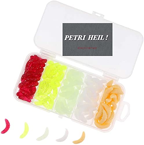 Set: 50 pieces of artificial maggots, 5 parts, self-luminous + Petri Heil! sticker.