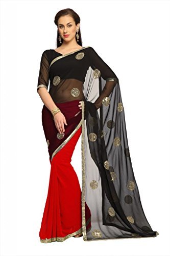 Designersareez Women's Faux Georgette Embroidered Saree Free Size Maroon / Black