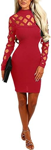 Women's Sexy Long Sleeve Hollow Out Clubwear Bandage Bodycon Party Mini Evening Dress (Medium, Wine red)