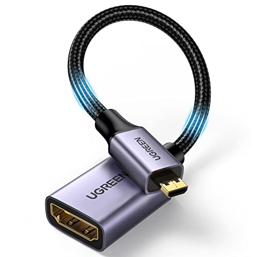 UGREEN Micro HDMI to HDMI Braided Adapter Cable Male to Female High Speed Cable Supports 3D 4K 60Hz 1080P Ethernet Audio Return Compatible for GoPro Hero 6 5,Tablets, Cameras,PS5-Black-0.25 Meter